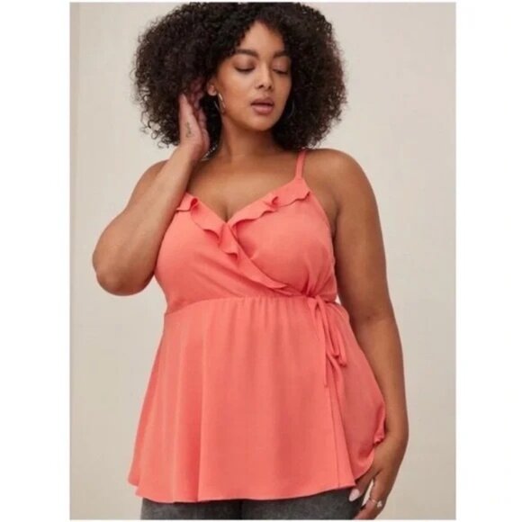 Torrid Top 3X Peplum Ruffle Faux Wrap Cami Top Size 3 NWOT Coral Pink - Picture 1 of 7